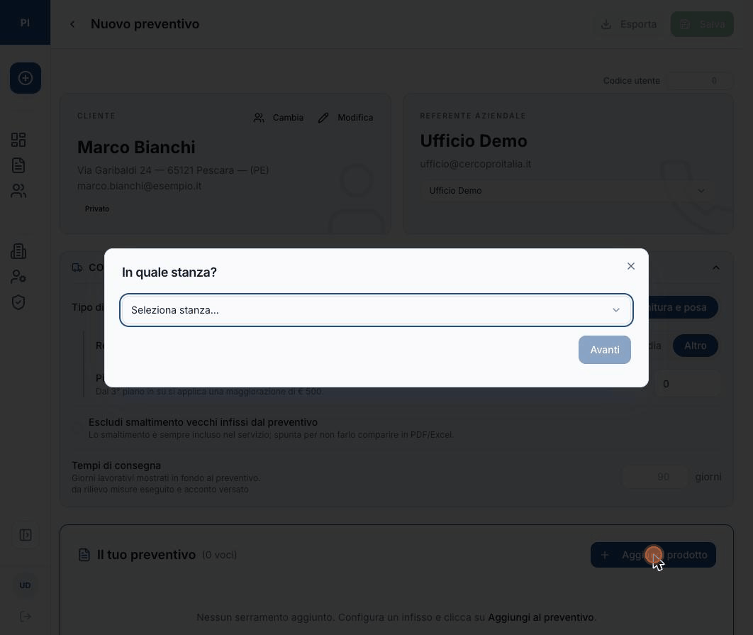 Configurazione di un serramento con disegno tecnico e prezzo in tempo reale